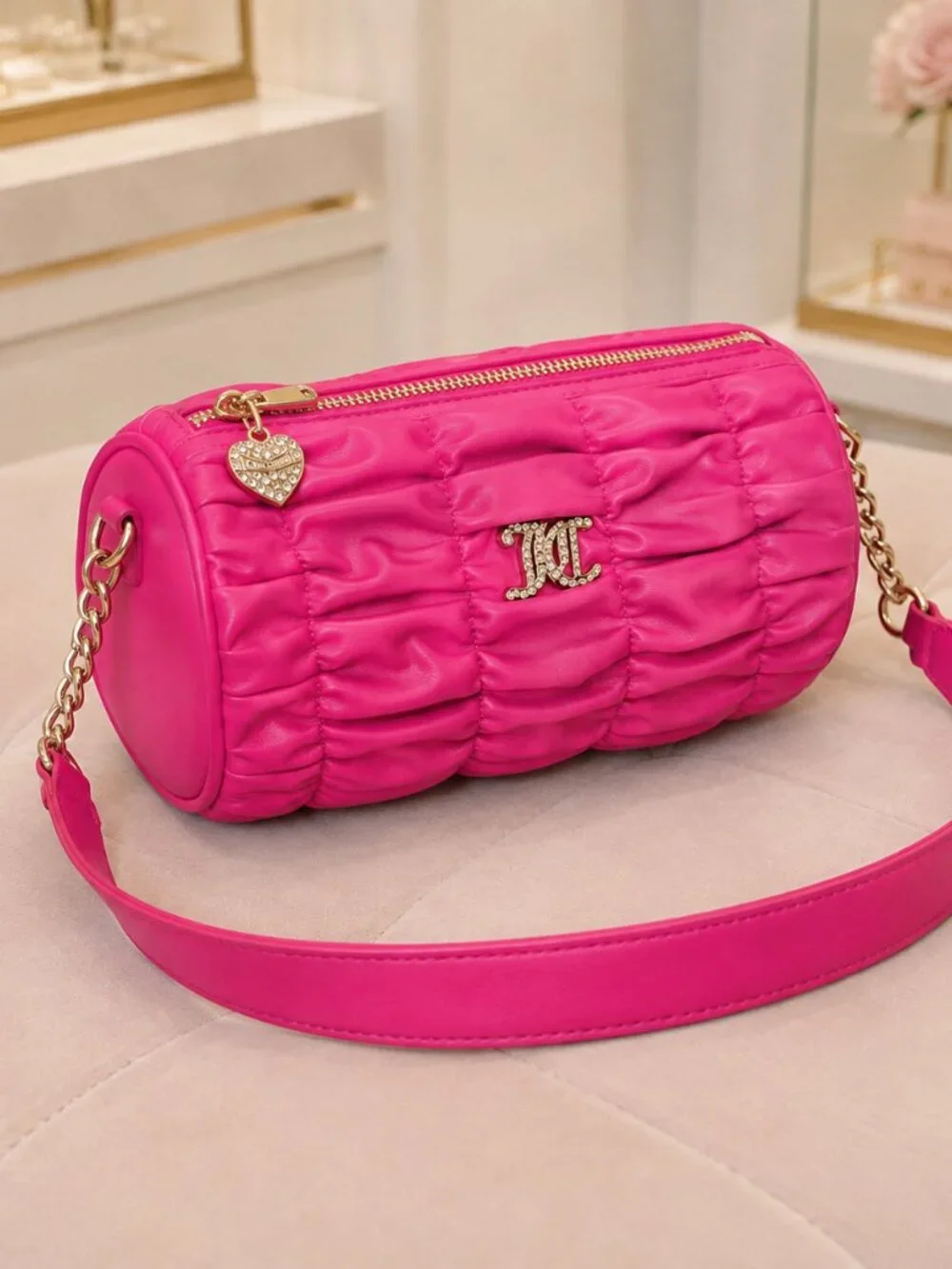 Juicy Couture Run the World Pink Flash Ruched Barrel Shoulder Bag NWT
